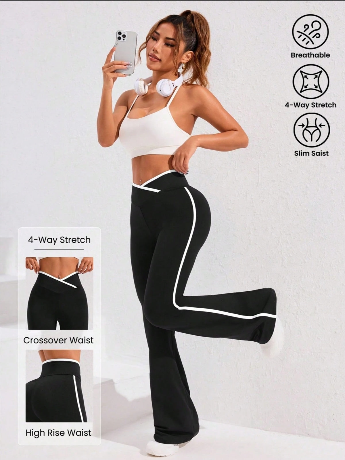 Flared leggings with white side lines imported diving fabric