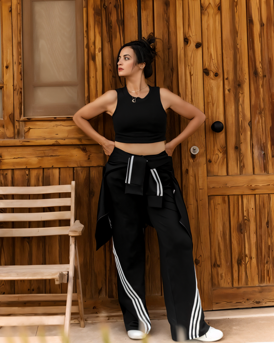Wide leg pants with 3 white lines imported diving fabric